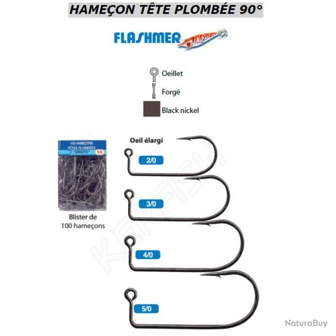 HAMECONS DROITS TÊTE PLOMBÉE 90° FLASHMER 3/0 3 HAMECONS DROITS TÊTE PLOMBÉE 90° FLASHMER 3/0